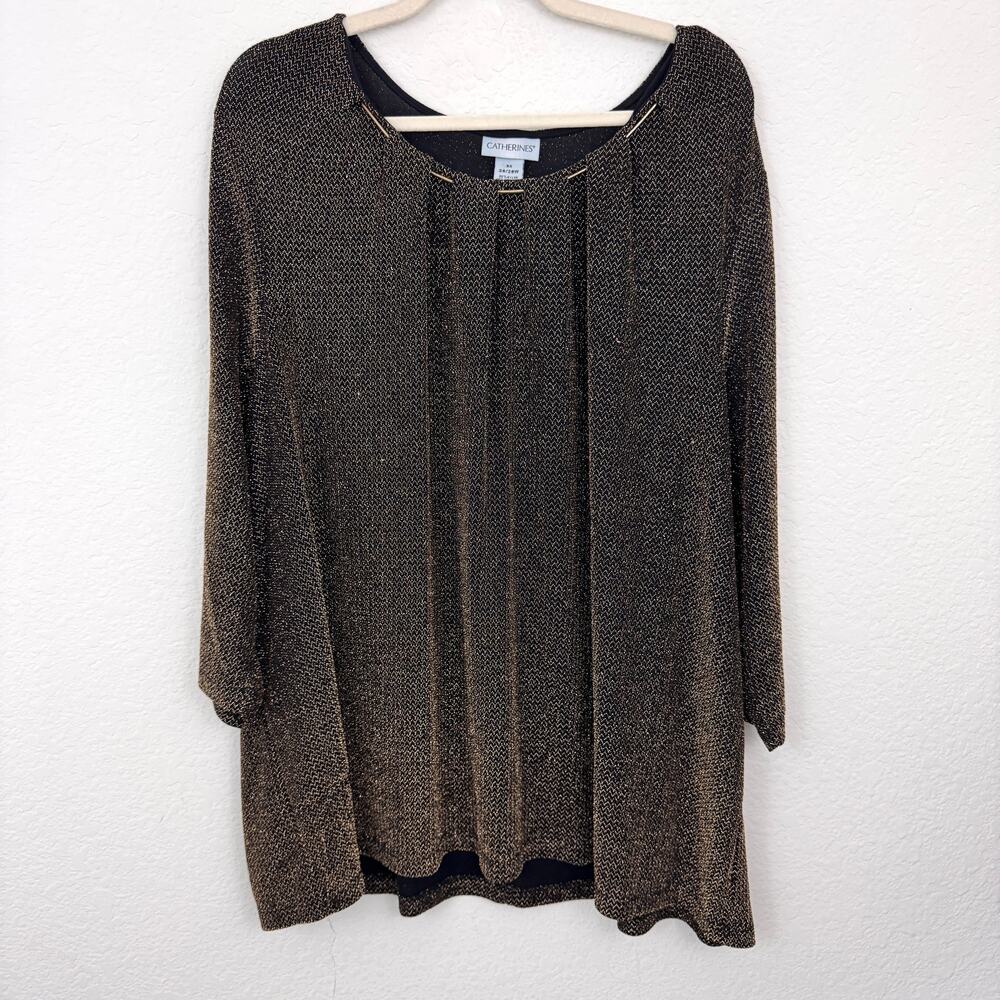 Catherines Womens Metallic Blouse Top Size 3X Bling Party Evening Black